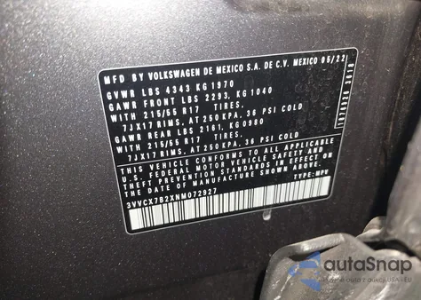 2022 Volkswagen Taos 1.5T S z USA, uszkodzony, nr VIN 3VVCX7B2XNM072927